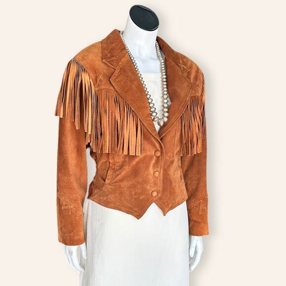Vintage 80s Wilsons Rust Brown Suede Fringe Jacket Western Boho Cowgirl Small - Picture 3 of 10